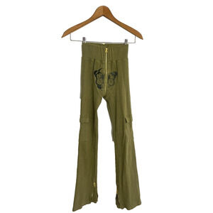 Tordrobes XS Flare Pants Butterfly Embroidered Ribbed Uzip Cargo Olive Green